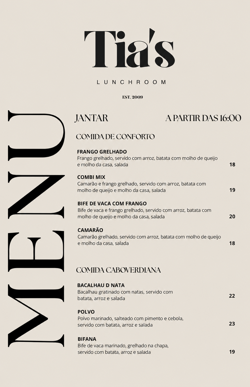DINNERKAART van Tia's Lunchroom