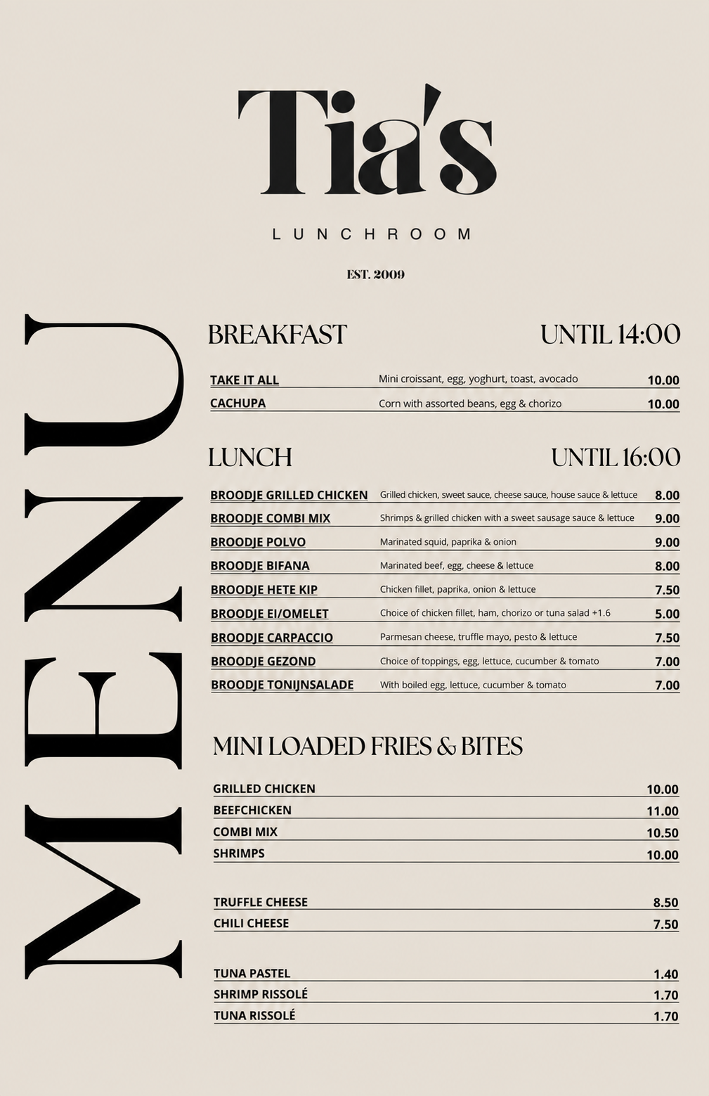 LUNCHKAART van Tia's Lunchroom