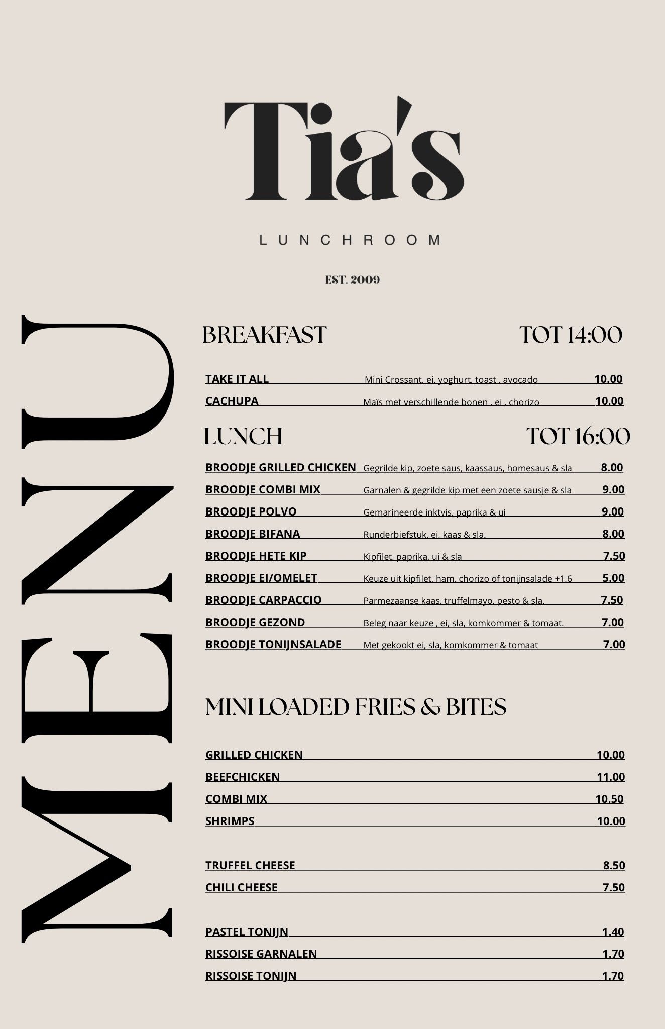 LUNCHKAART van Tia's Lunchroom